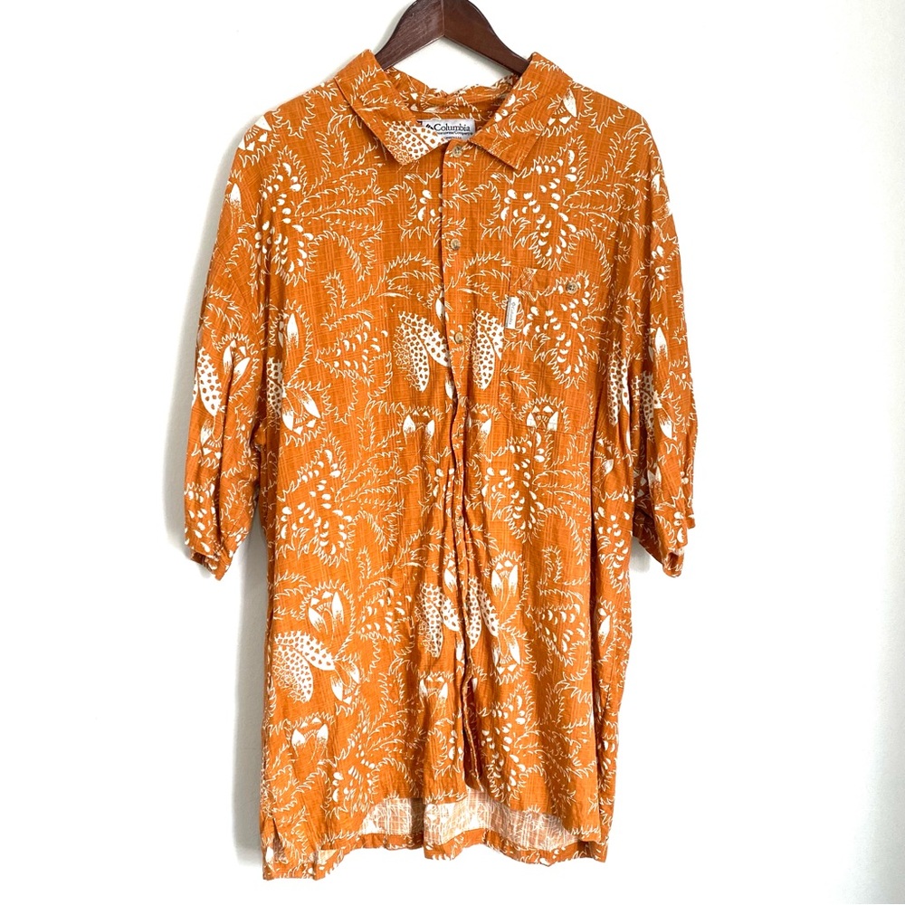 COLUMBIA Mens XL Orange White Patterned Short Sleeve Hawaiian Button Up Shirt F6